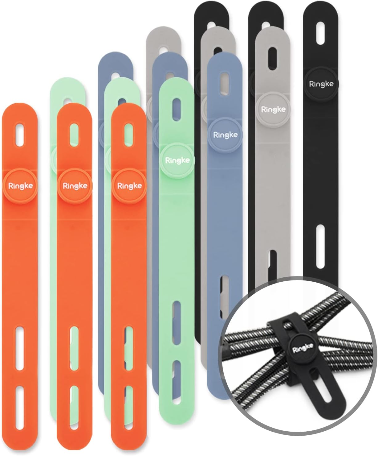 Ringke Silicone Cable Ties [Reusable Cable Management] Flexible Cord Organizer, Adjustable Length Long-lasting Durable Cable Clips - 15 Pack
