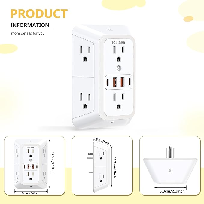 Wall Outlet Extender with Night Light, Power Plug Adapter Multi Plug Outlet - Image 6