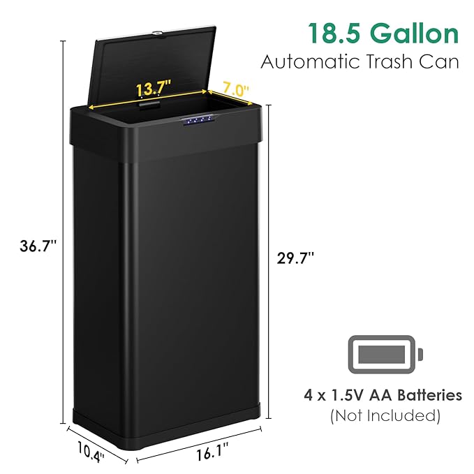 Arlopu Automatic Trash Can, Sensor Motion Stainless Steel Garbage Bin, - Image 8