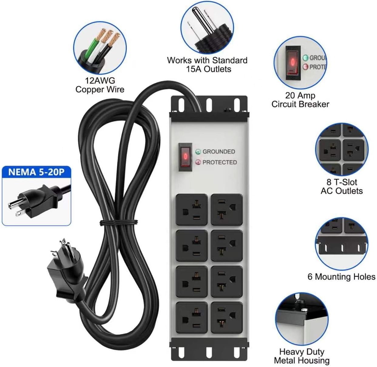 Heavy Duty Power Strip 20 Amp, 12 Gauge Surge Protector, 6FT | 2500W Extension Cord with Multiple Outlets，8 Ports Wall Mount for Garage, Workshop, Shop，Industrial