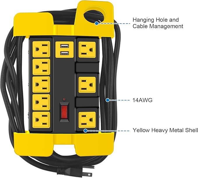 Heavy Duty Power Strip with USB, Workshop 8 Outlet Surge Protector 2700 Joules - Image 6