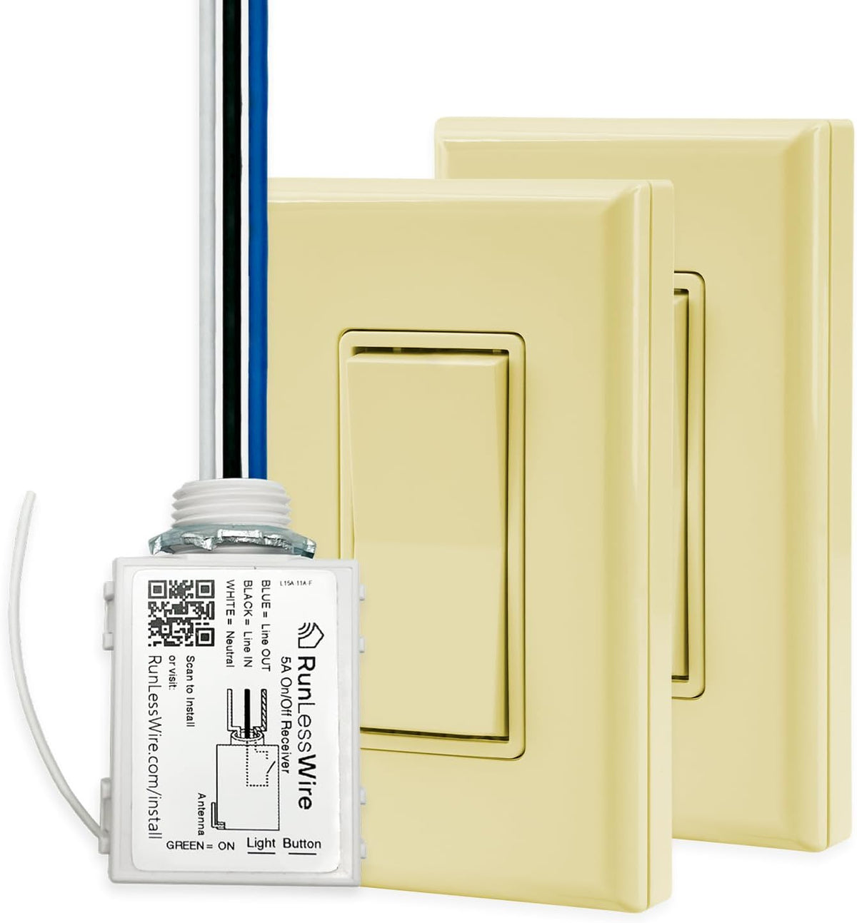 RunLessWire 3-Way Battery-Free DIY Wireless Light Switch Kit 150ft RF Range