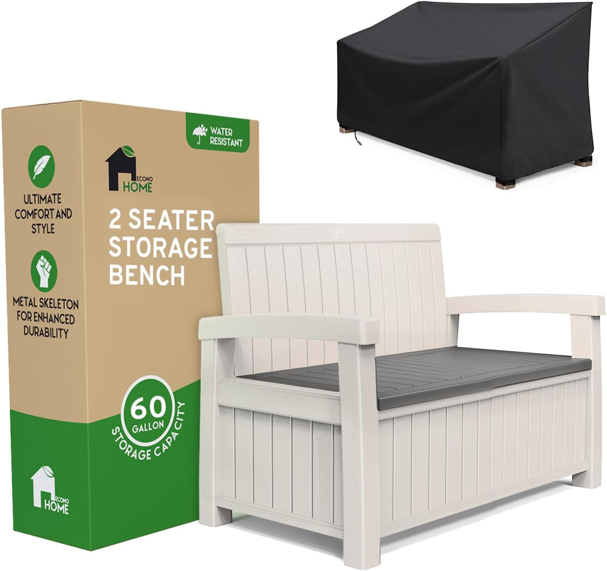 econohome 2 seat outdoor storage bench with rain, main product view
