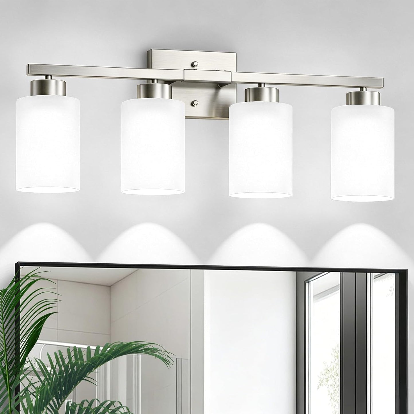 IZORRO Modern Bathroom Light Fixtures, 4 Light Brushed Nickel Vanity Lights, Bathroom Lighting Fixtures Over Mirror with White Glass for Living Room Cabinet Bedroom