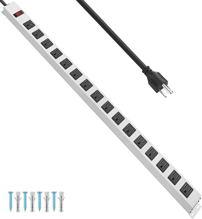 JUNNUJ Metal 16 Outlet Power Strip, Mountable Heavy Duty Power Strip, 1200J by JUNNUJHome