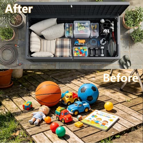 380 gallon outdoor storage box waterproof lockable deck on a desk or shelf