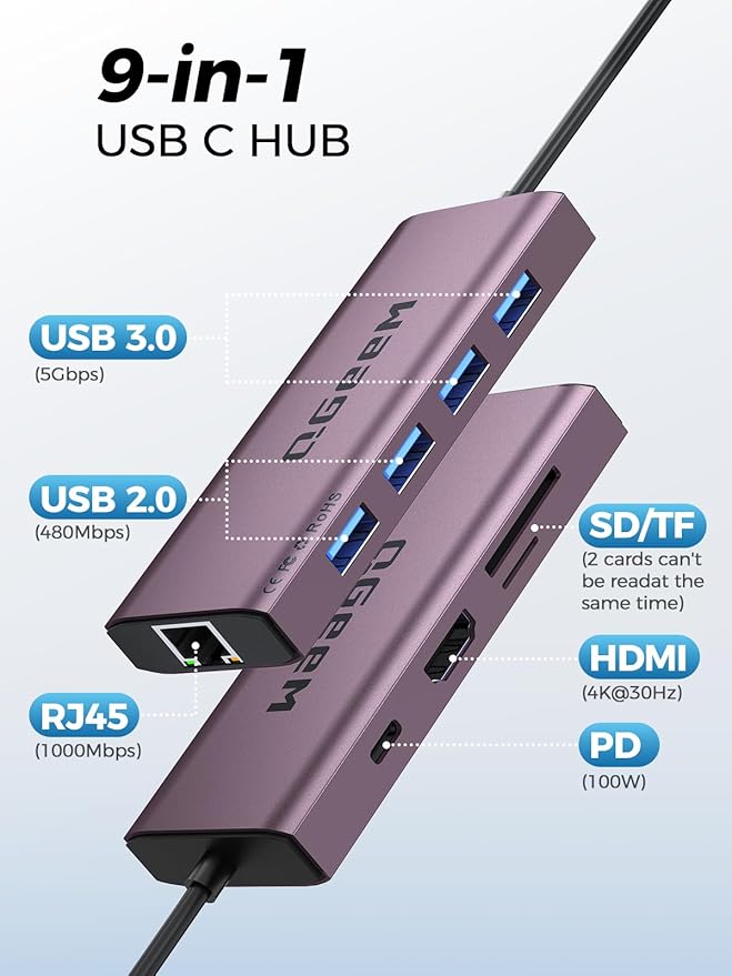 QGeeM USB C Hub Ethernet, 9 in 1 USB Type C Hub HDMI Multi-Port Converter - Image 2