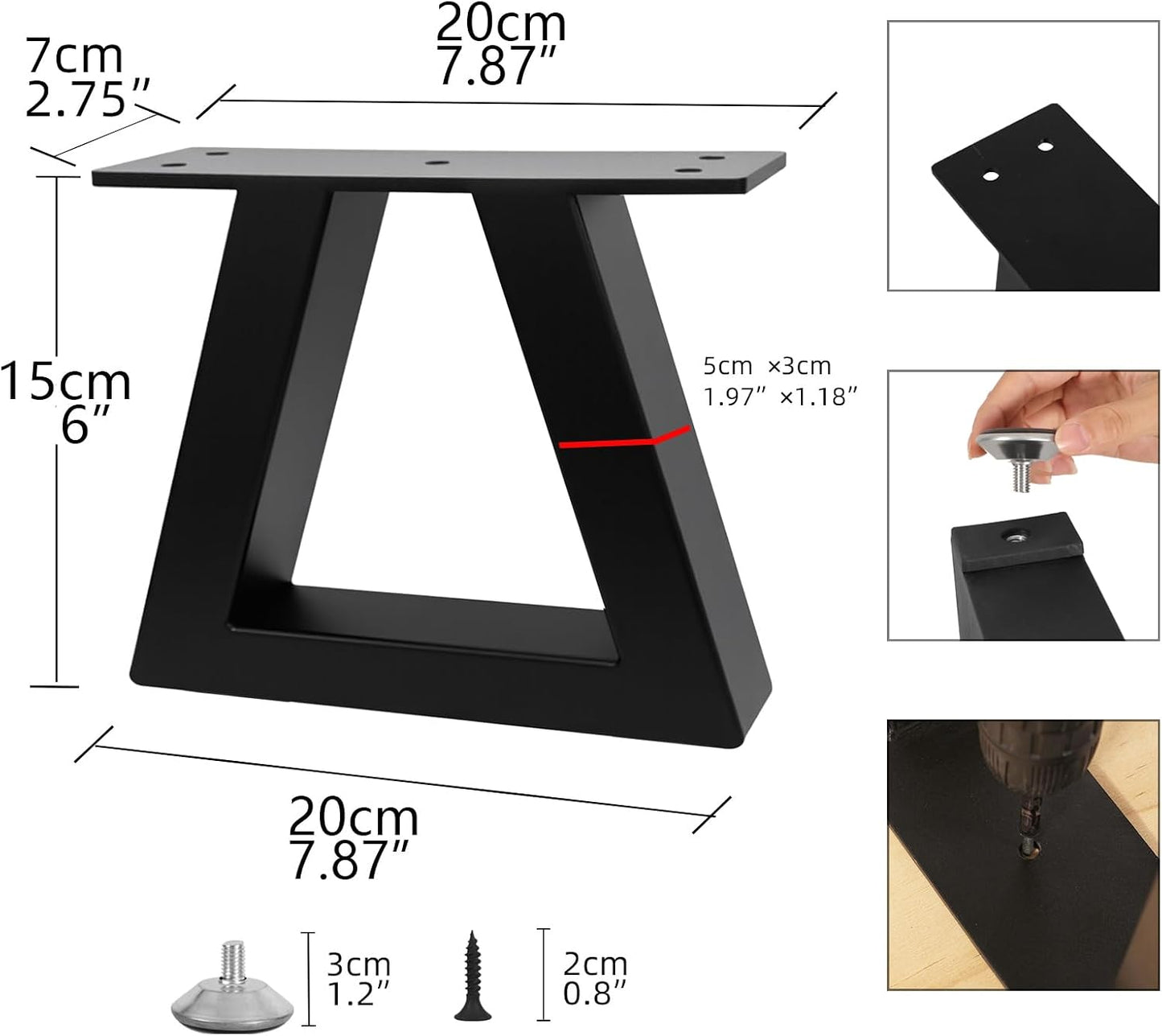 6 Inch Trapezoid Metal Table Legs Black, DIY Furniture Feets for Bench, Chair, TV Cabinet, Coffee Table,Couch, Sofa, Stool Legs, Including Screws and Adjustable Feet Pads, 6” x 7.9”
