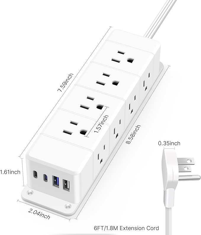 30W USB C Power Strip Surge Protector, Ultra Thin Flat Plug Power Strip 4 Side - Image 7
