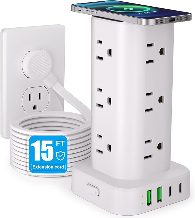 Power Strip Tower with Wireless Charger, Flat Plug Surge Protector Tower with by Unknown