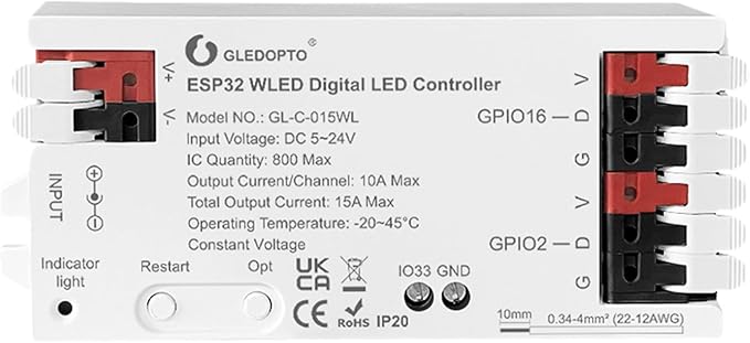 Sogledwow ESP32 WLED LED Strip Controller Dynamic RGB IC IO33 DIY Port App by GledoptoSmartHome