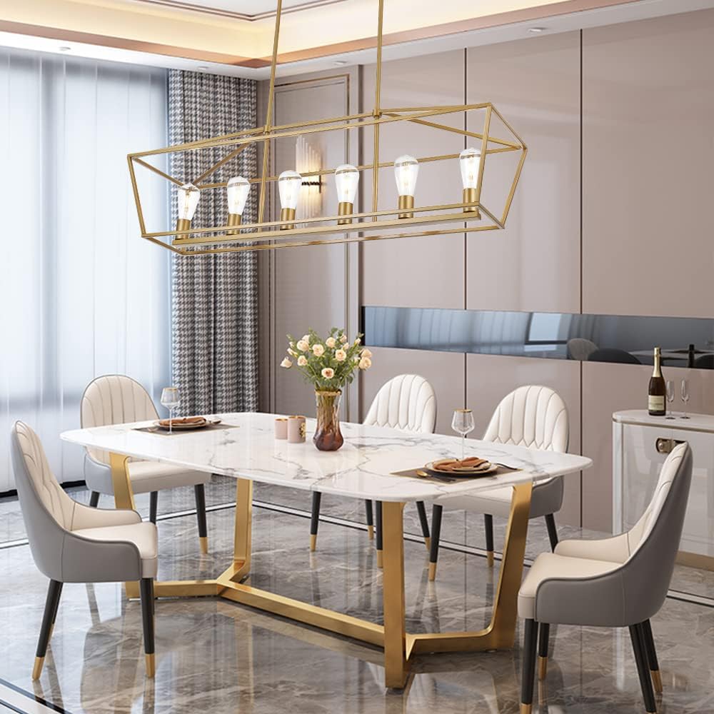 BONLICHT Farmhouse Chandeliers Gold 6 Light Modern Linear Dining Room Pendant Lighting Traditional Rectangular Kitchen Island Lantern Light Fixture Classic Ceiling Light with Adjustable Rods
