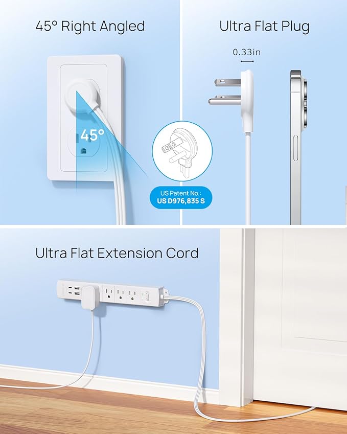 TROND Flat Plug Power Strip USB-10ft Flat Extension Cord Surge Protector Wall - Image 5