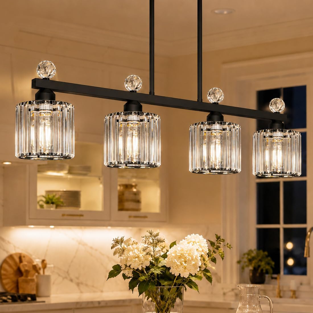 32" Crystal Island Light for Kitchen, 4-Light Black Linear Pendant Light | Linear Chandelier over Kitchen Island, Modern Ceiling Hanging Chandelier for Dining Room. Adjustable Height, E26
