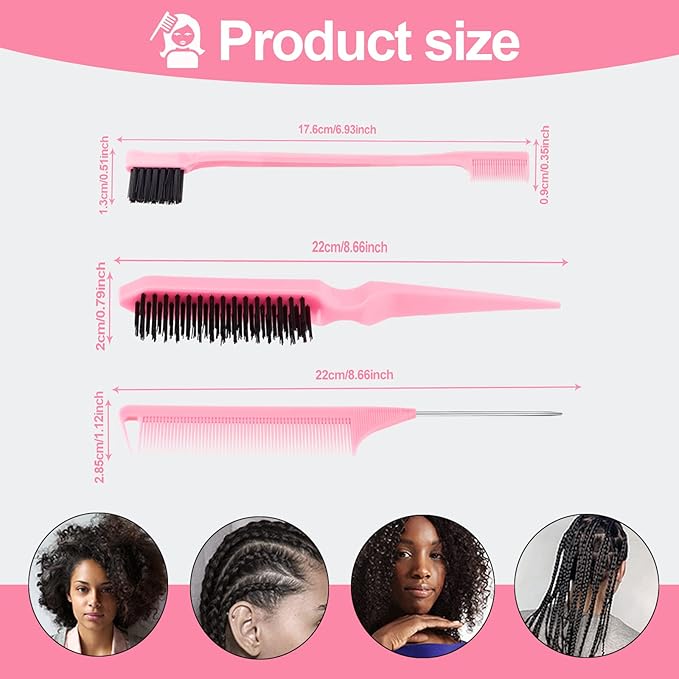 SWEET VIEW 3 Pcs Slick Back Hair Brush, Rat Tail Comb, Edge | Bristle Brush - Image 2