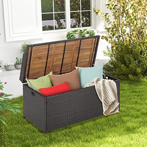 happygrill patio storage bench rattan wicker deck box, close-up detail