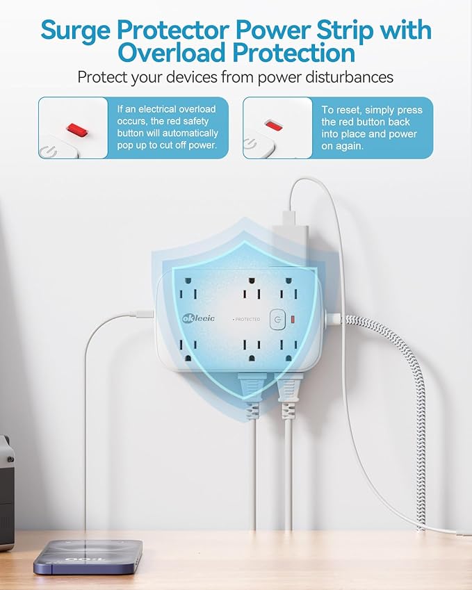Flat Outlet Extender with 12 Inch Cord, Surge Protector Flat Plug Extension - Image 6