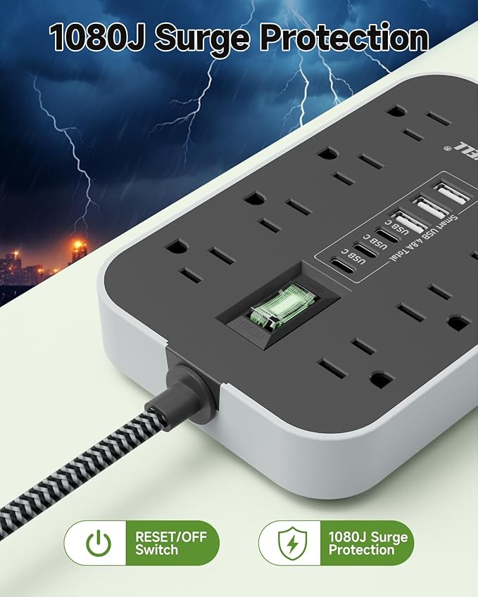 Power Strip Surge Protector- 5FT Flat Plug Extension Cord, 8 AC Outlet& 6 USB - Image 6