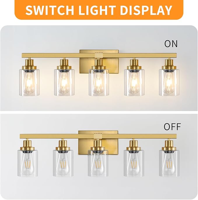 DIKAIDA 5 Light Gold Bathroom Vanity Light, Bathroom Light Fixtures - Image 5