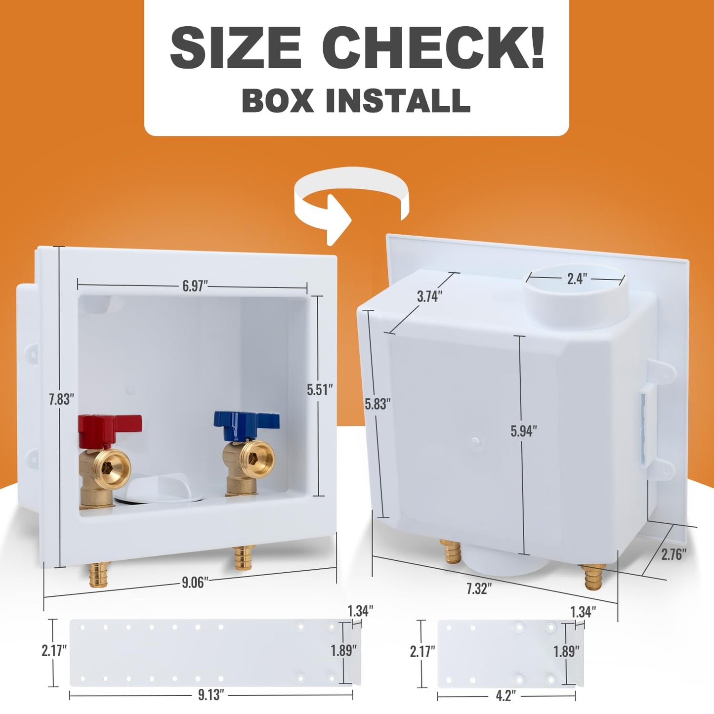Pex Washing Machine Outlet Box with Center Drain, Laundry Washer Valve Box, 1/2 Inch Pex Crimp Inlet x 3/4 Inch MHT Outlet，with 4 Crimp Rings