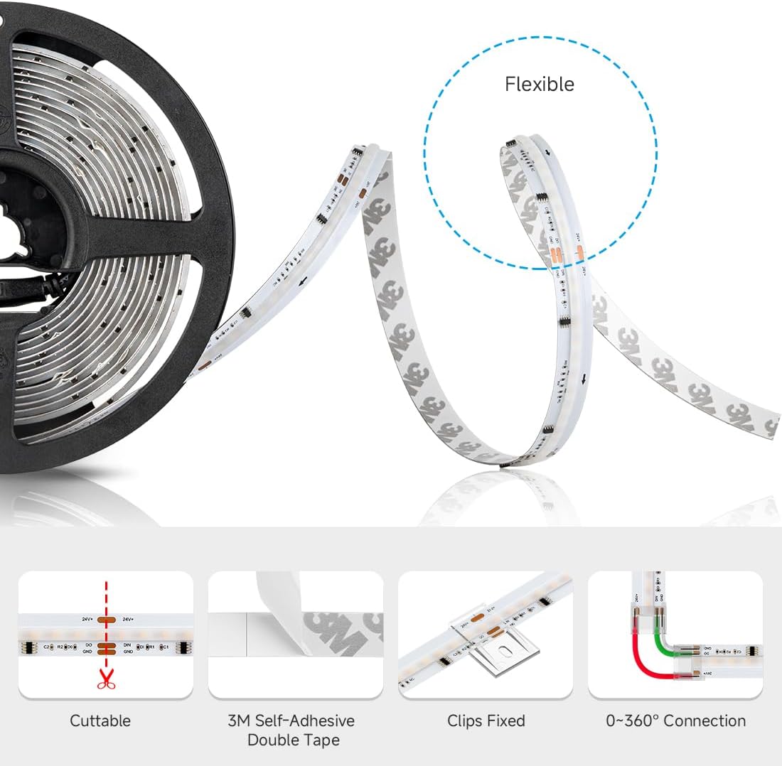 BTF-LIGHTING 16.4FT WS2811 Dual IC Chasing RGBCCT DC24V COB LED Strip Light | UL Listed High Density 960LEDs/m Chasing IC RGB Light+Tunable White 3000K-6000K,12mm Width 3M Tape(No Adapter or Controller)