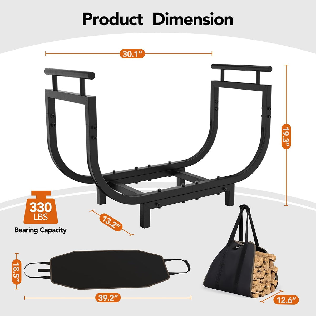 30” outdoor firewood rack with carrier bag &, close-up detail