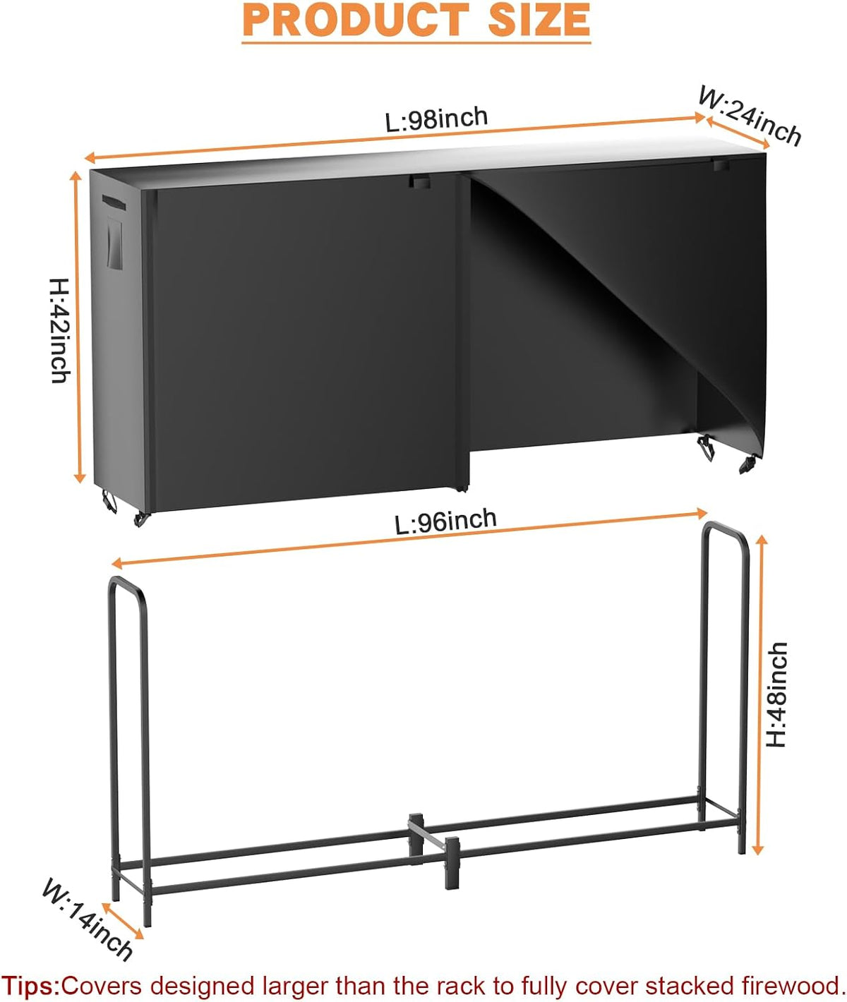 8ft firewood rack outdoor with cover, heavy duty, front angle view
