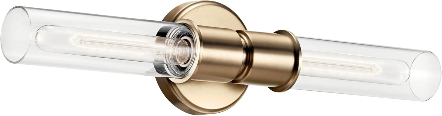 Kichler Aviv 24" 2-Light Wall Sconce Light, Champagne Bronze | Clear glass shades mount up or down and showcase bulb filaments in bedrooms, hallways, kitchens and laundry rooms, 52654CPZ