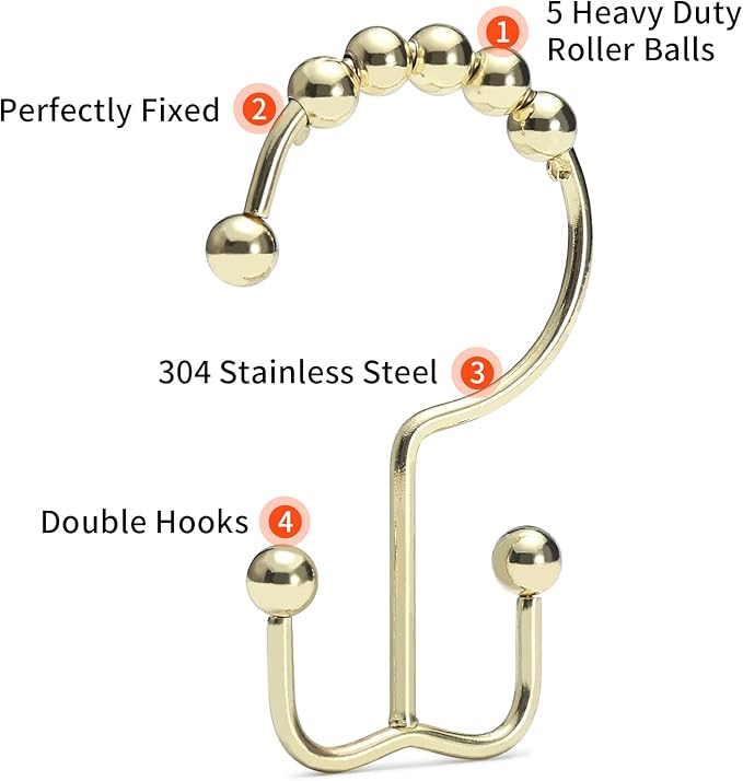 Goowin Shower Curtain Hooks Rings, Stainless Steel Gold Shower Curtain Hooks - Image 4