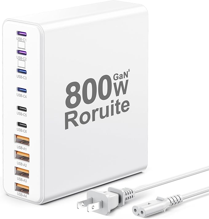 800W USB C Charging Station, 120W PD GaN5 Super Fast USB C Charger Block-10 Port by Roruite