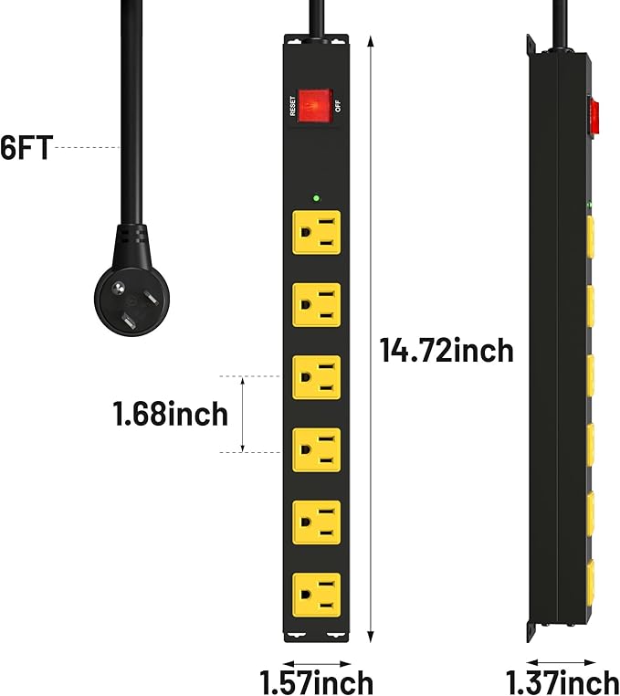 Heavy Duty 6 Outlet Metal Long Power Strip, 2700J Surge Protector - Image 7