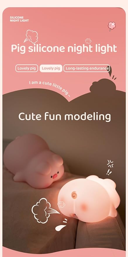ATSUI Pig Night Light for Kids, Food Grade Silicone, Rechargeable, Tap Fun - Image 2