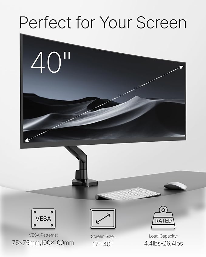 monTEK Deluxe Monitor Arm up to 40 Inch Holds 26.4 lbs Curved Screens Aluminum - Image 4