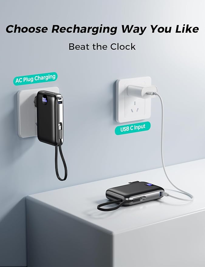 Portable Charger with Built in Cables & Wall Plug, 10000mAh Power Bank - Image 4