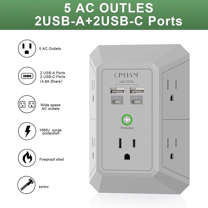 USB Wall Charger, Surge Protector, QINLIANF 5 Outlet Extender - Image 2