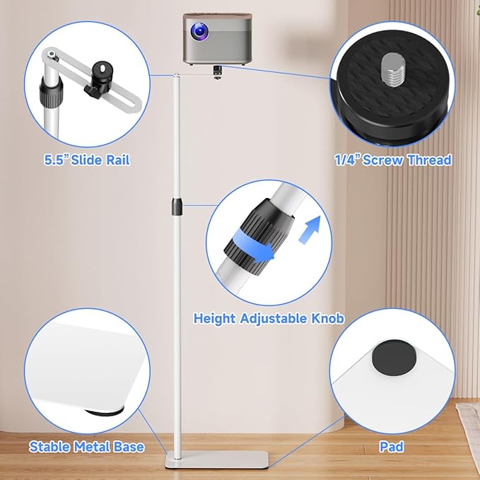 suptek Projector Stand Against Wall Hidden Stand, 360°Swivel, Height Adjustable - Image 6