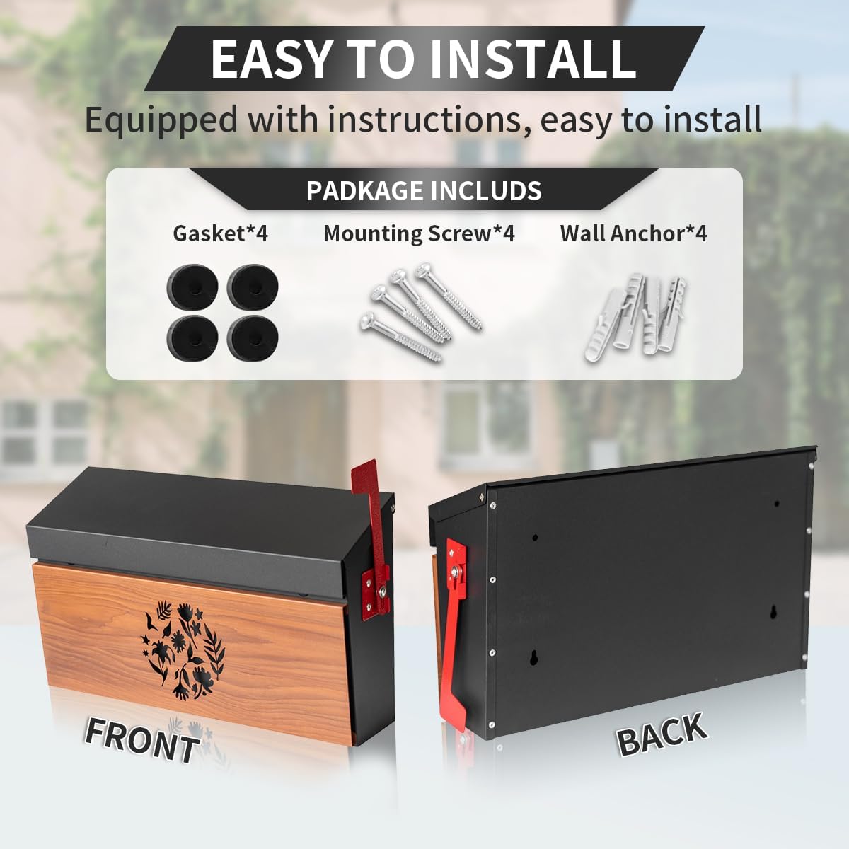 Ydocabinit Wall Mount Mailbox, Large Capacity Mailbox for House Outside with Flag Kit Galvanized Steel Rust-Proof Metal Post Drop Box, 15.74"×9.84"×4.33" Flower Hollowed Wooden Patterned Metal Sheet