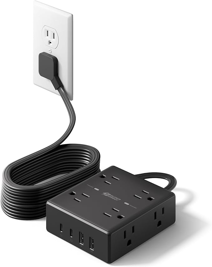 15Ft Extension Cord with Multiple Outlets, Flat Plug Power Strip Surge by SUPERDANNY