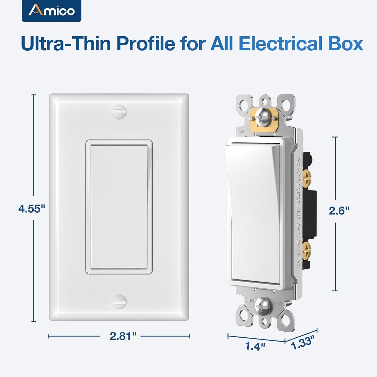 Amico Single Pole Light Switches with Wall Plates | UL Listed 120/277V On/Off Rocker Paddle Interrupter, Grounding Screw, Residential Grade, for Home and Business, White