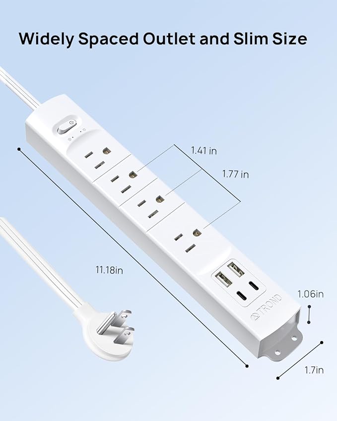 TROND Flat Plug Power Strip USB-5ft Flat Extension Cord Surge Protector Wall - Image 7