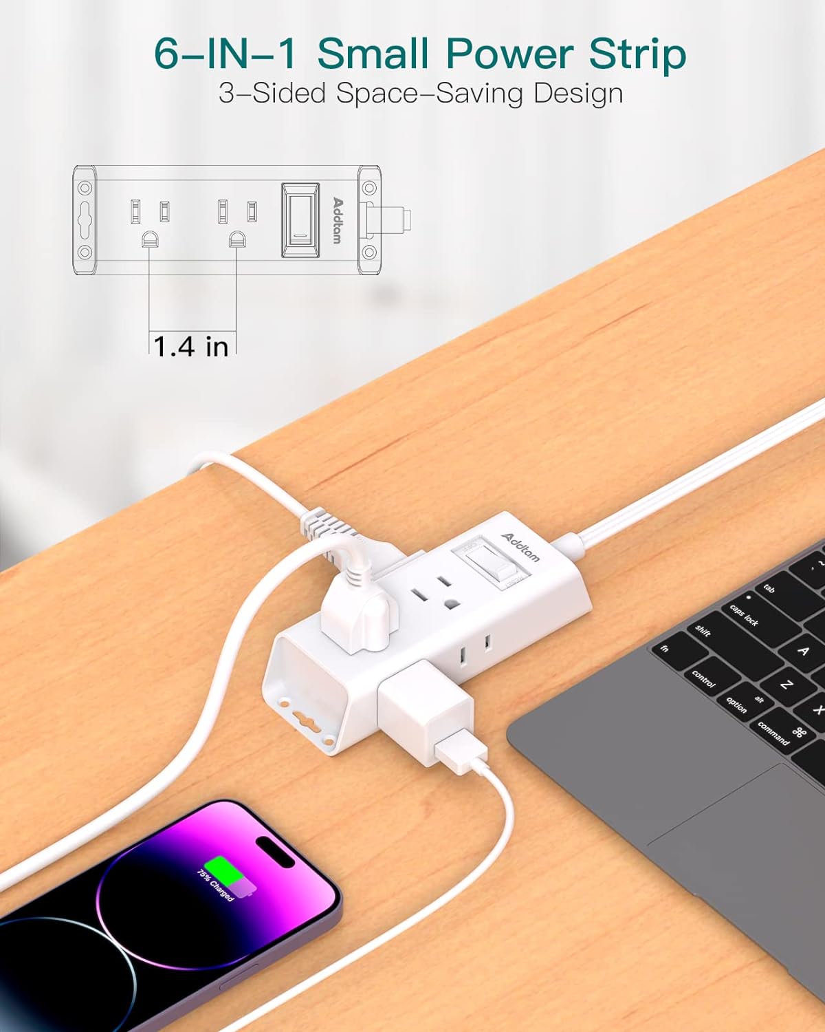 Cruise Essentials - Flat Plug Power Strip, Addtam 5 ft Ultra Flat Extension Cord with 6 Outlets Extender, No Surge Protector for Cruise Ship, Travel, Dorm, Home Office, ETL Listed