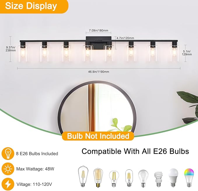 SOPEAS 8-Light Black Vanity Light Fixtures, Vanity Lights Clear Glass ShadeRust - Image 2