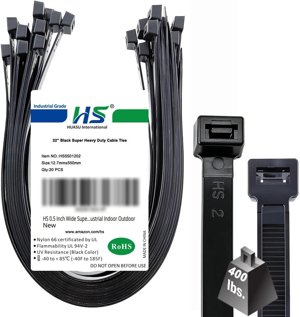 HS 0.5 Inch Wide Super Strong Zip Ties Heavy Duty 22 Inch (20 Pack),400 LBS Tensile Strength Long Cable Zipties,Large Adjustable Nylon Wire Tie Straps UV Resistant Black for Industrial Indoor Outdoor