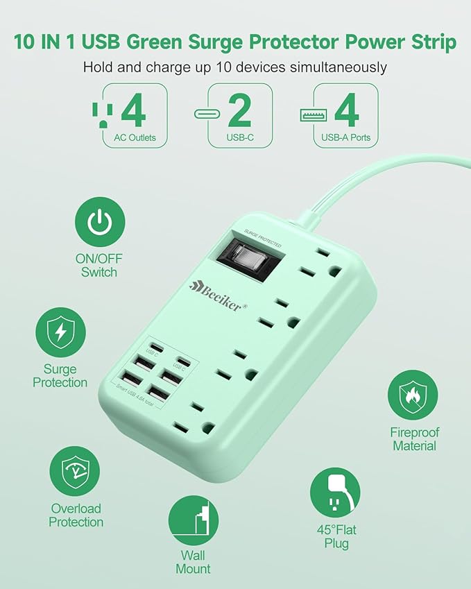 6 USB Green Travel Power Strip- 5Ft Green Extension Cord - Image 3