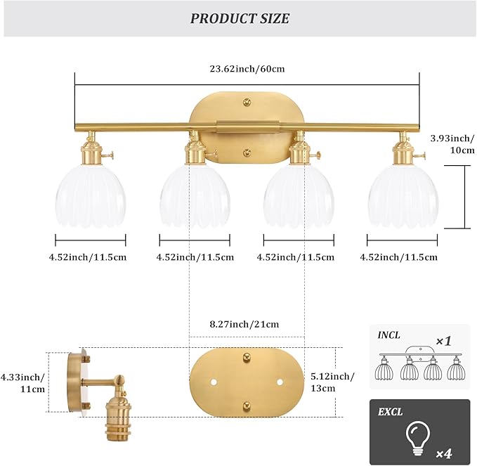 Shenmoyl Bathroom Light Fixtures, 4-Light Brass Vanity Wall Light Over Mirror - Image 6