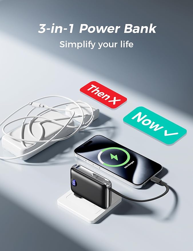 Portable Charger with Built in Cables & Wall Plug, 10000mAh Power Bank - Image 3