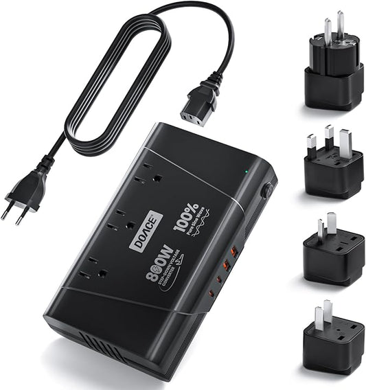 DOACE 800W Universal Travel Adapter: 220V to 110V Pure Sine Wave, EU Step-Down by DOACE