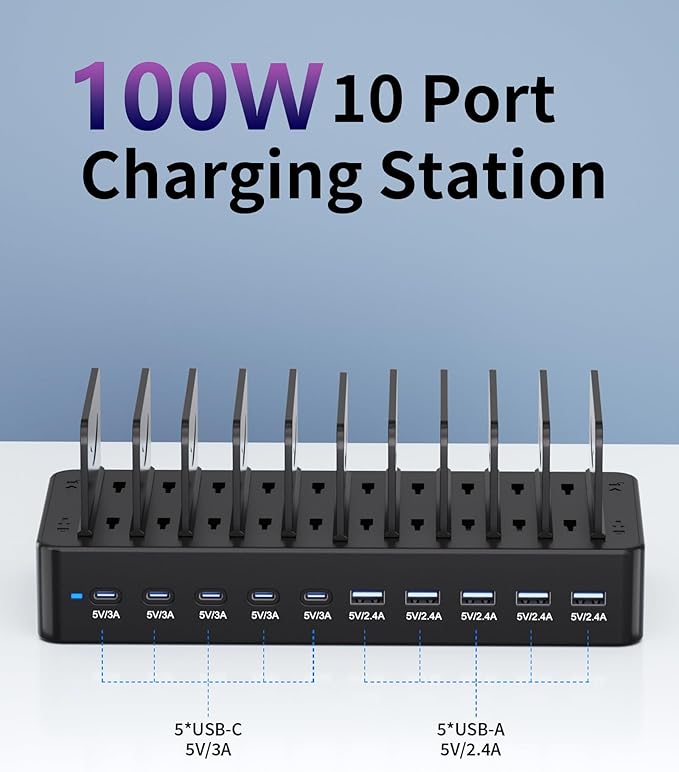 100W Charging Station for Multiple Devices, 10-Port USB Fast Charging Station - Image 2