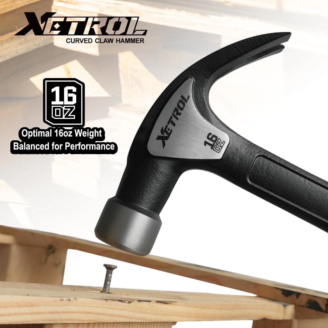 Steel Curved Claw Hammer 16oz, Solid One Piece Steel Heavy Duty Curved Hammer, Shock-Absorbing Handle Design, Ergonomic Comfortable Grip, Enhanced Leverage for Nail Pulling