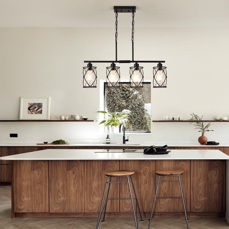 4-Light Kitchen Island Lighting, Modern Black Dining Room Light Fixtures with Clear Glass, Farmhouse Industrial Linear Chandelier Pendant Light with Adjustable Chain, CH9176BK-4IS